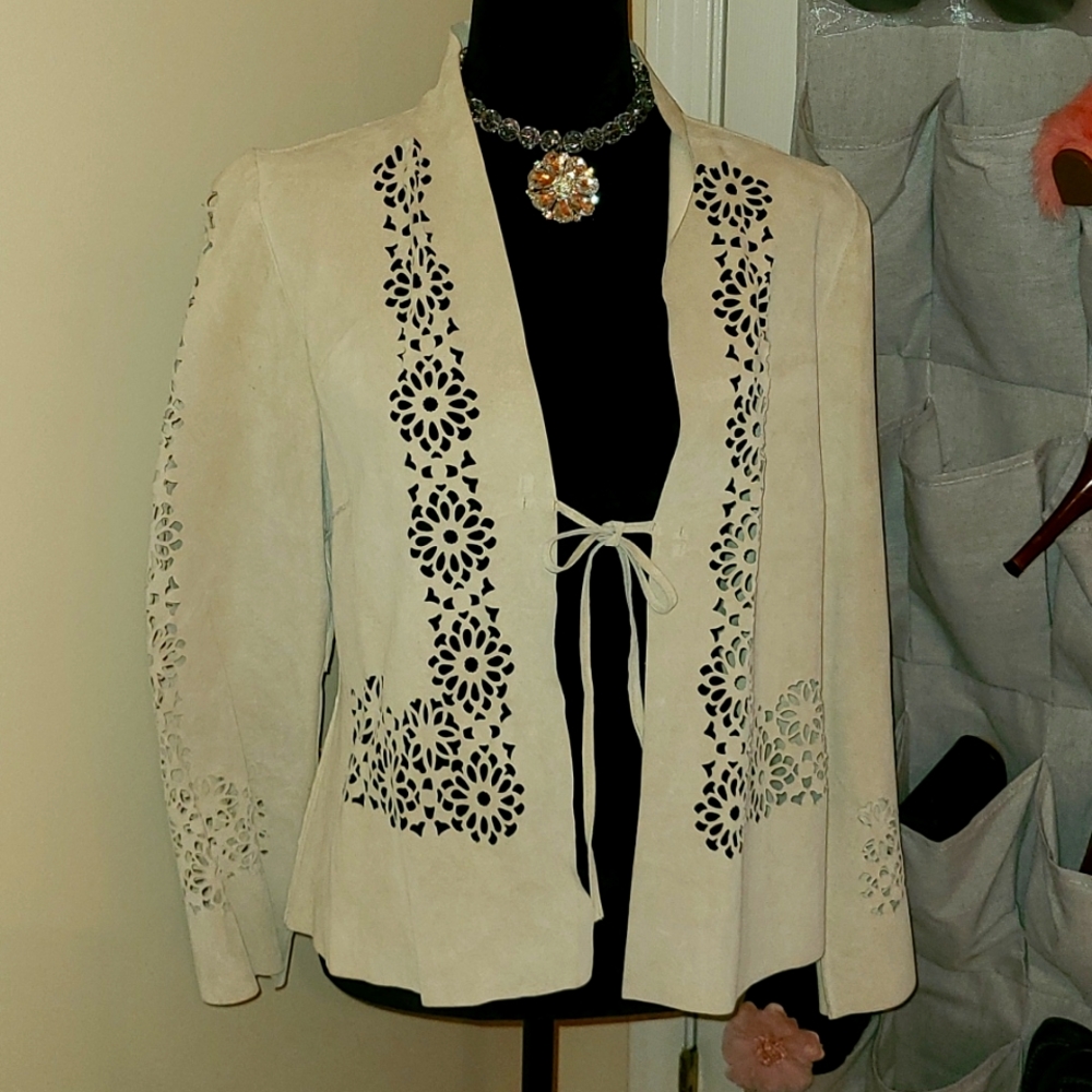 Leather/suede jacket with laser cutout flowers